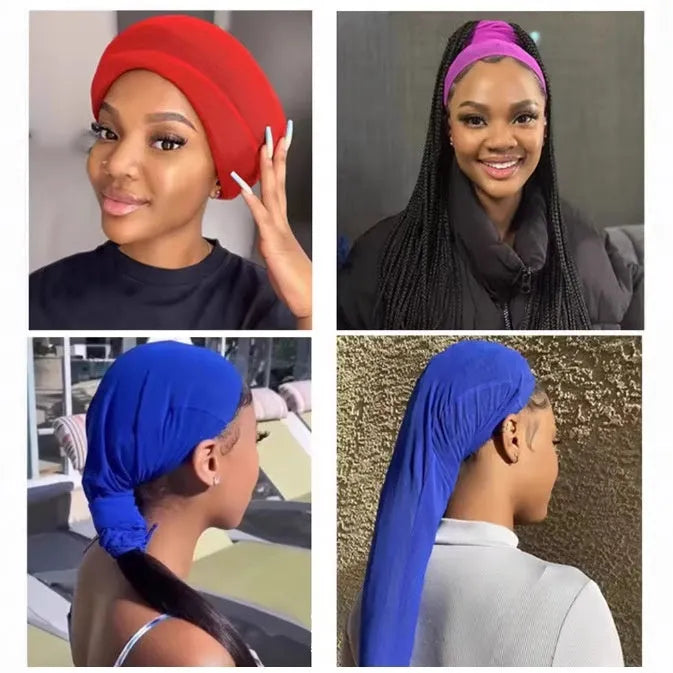 High elasticity spandex mesh wig cap shown in multiple colours including black, pink, and leopard.