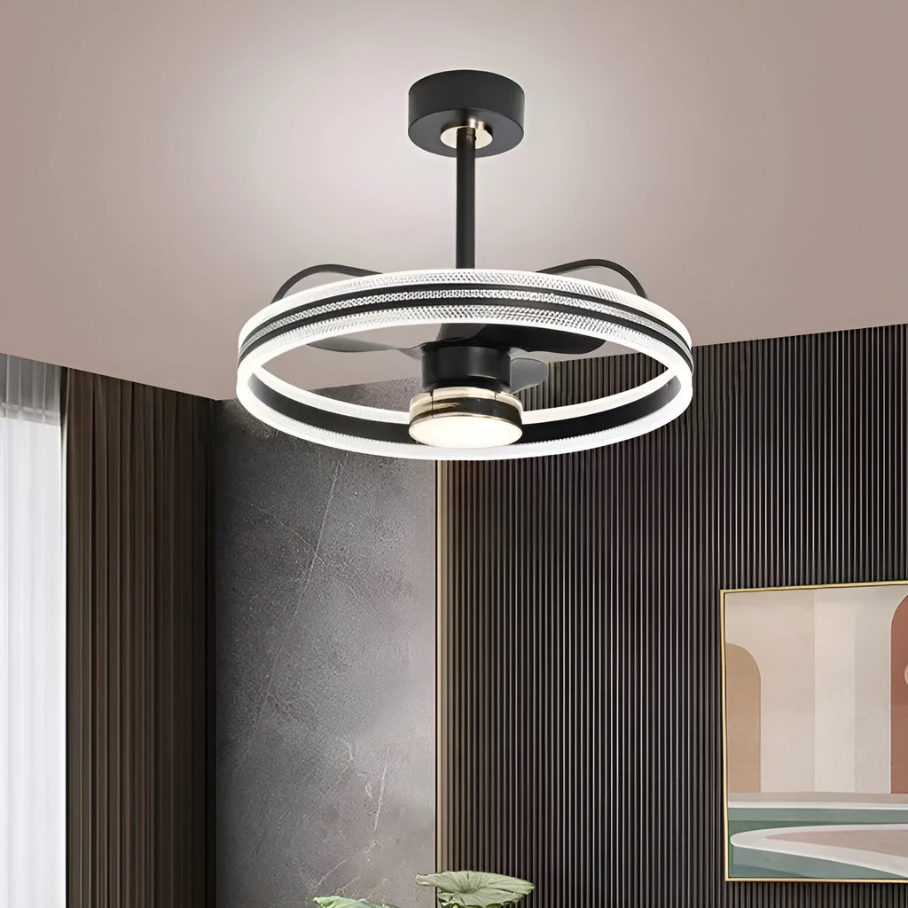 Modern overhead fan light with acrylic lampshade and black ABS fan blades, shown with remote control.