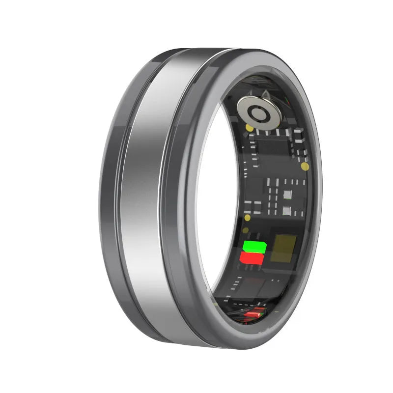 Smart ring in gold finish with health monitoring features including heart rate and step counting
