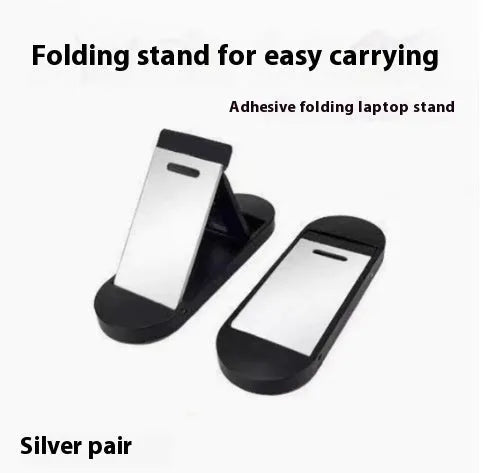 Small foldable aluminium alloy laptop bracket in silver, shown next to 3M adhesive strips for mounting.