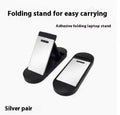 Small foldable aluminium alloy laptop bracket in silver, shown next to 3M adhesive strips for mounting.