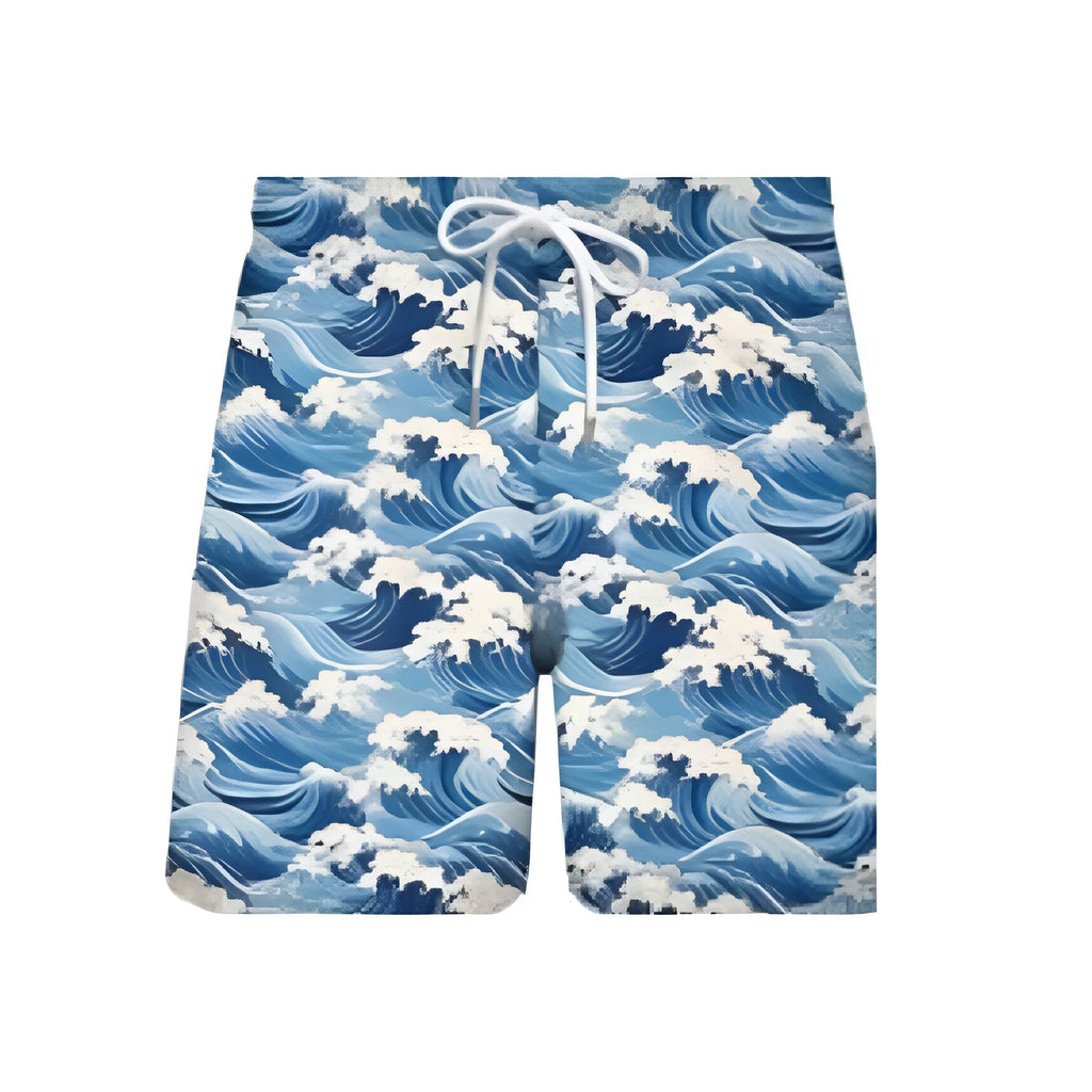 Men's 3D printed polyester beach shorts showing patterned design, available in sizes S to 6XL, three colour options
