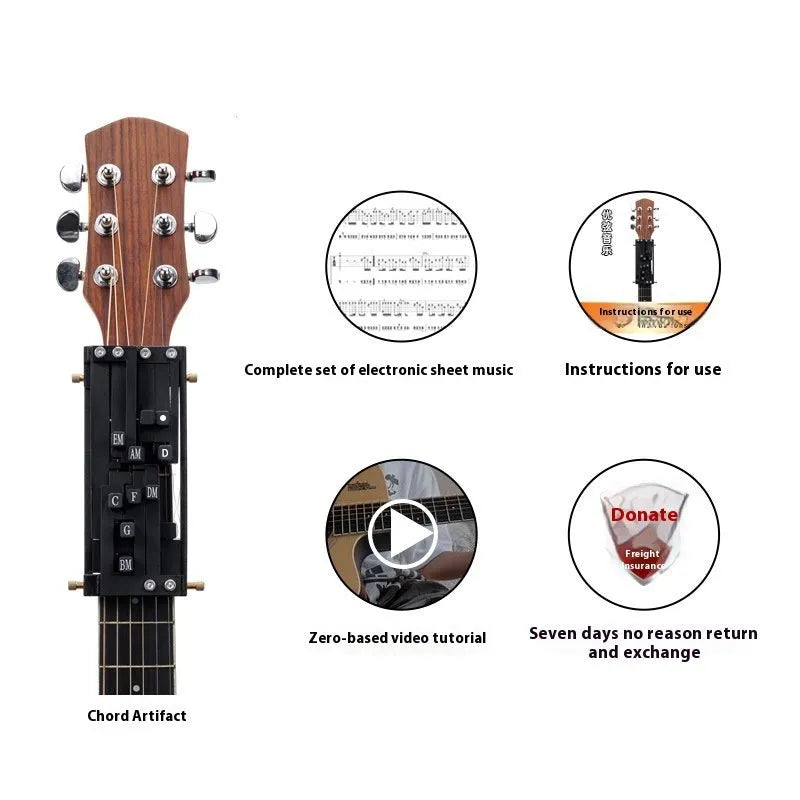 Black automatic guitar chord changing device for folk music beginners on a guitar neck.