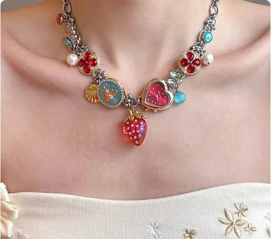 Red strawberry clock butterfly titanium steel necklace with pendant motifs on a single chain