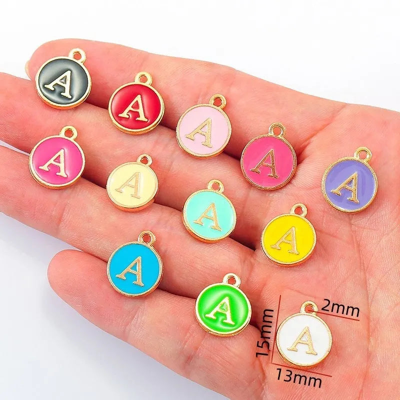 Round drop oil English letter alloy pendant set in multiple colours for DIY jewellery making