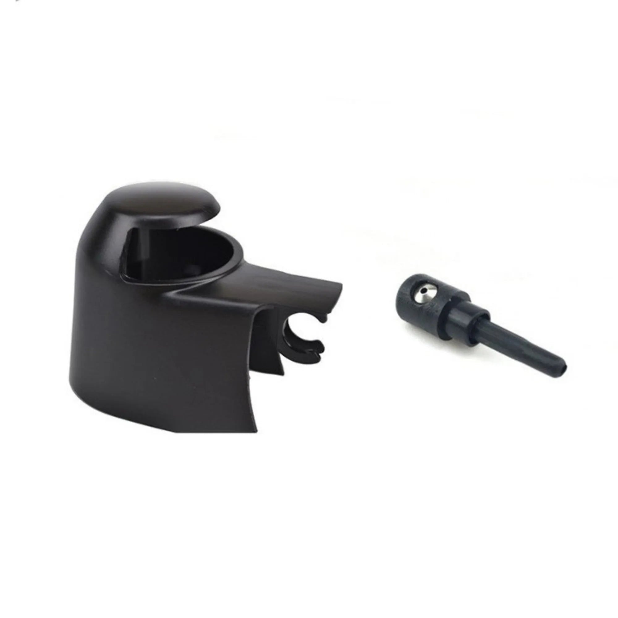 Black plastic rear wiper cover nozzle set for Volkswagen Golf and Tiguan cars.