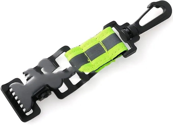 Fluorescent green metal safety clip with buckle for fireman gloves on a reflective nylon lining.