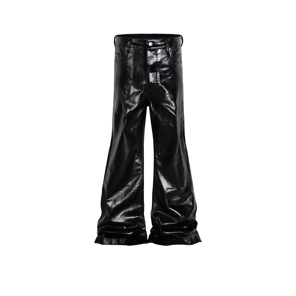 Black shiny patent leather coated straight-leg skinny jeans on a model