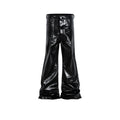 Black shiny patent leather coated straight-leg skinny jeans on a model