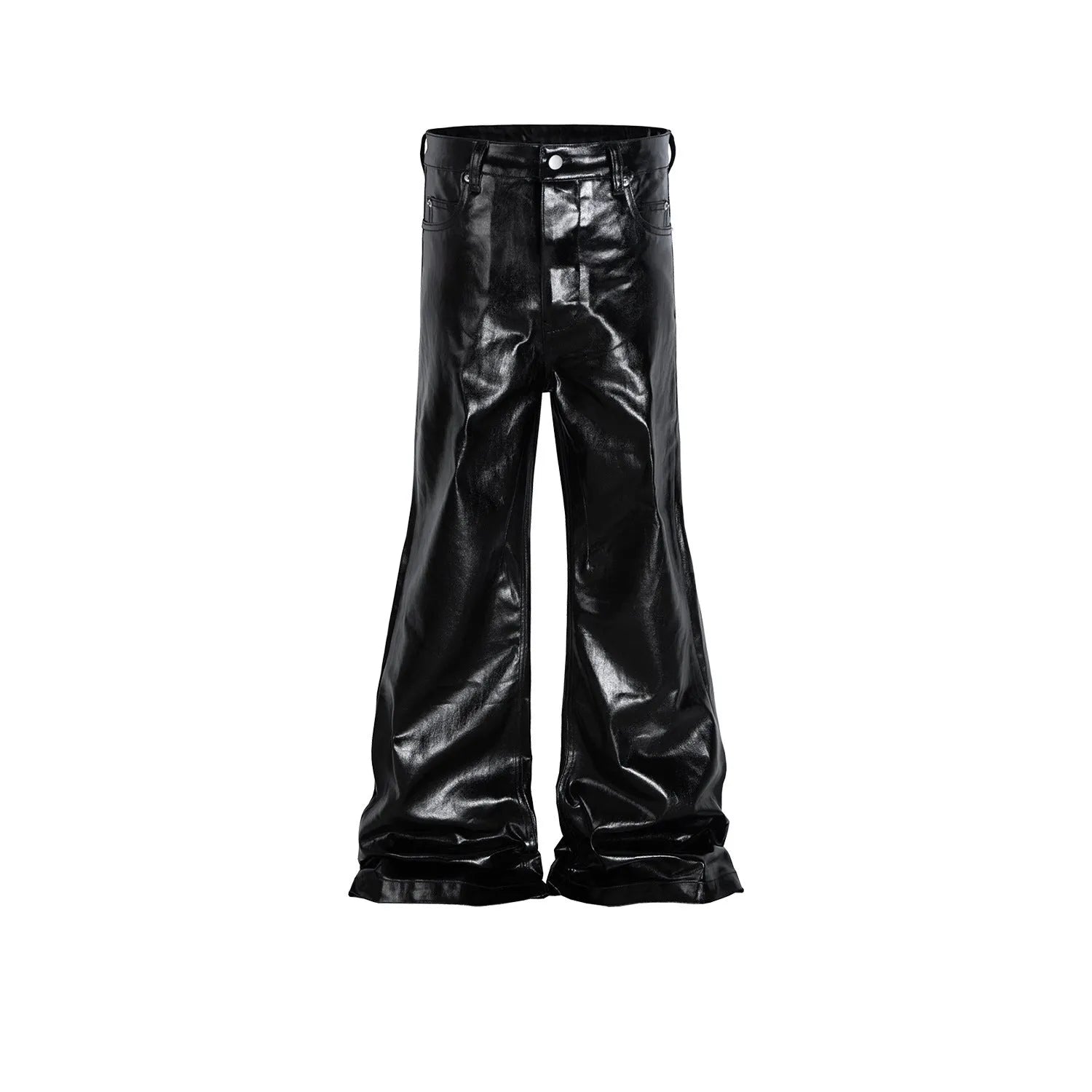 Black shiny patent leather coated straight-leg skinny jeans on a model