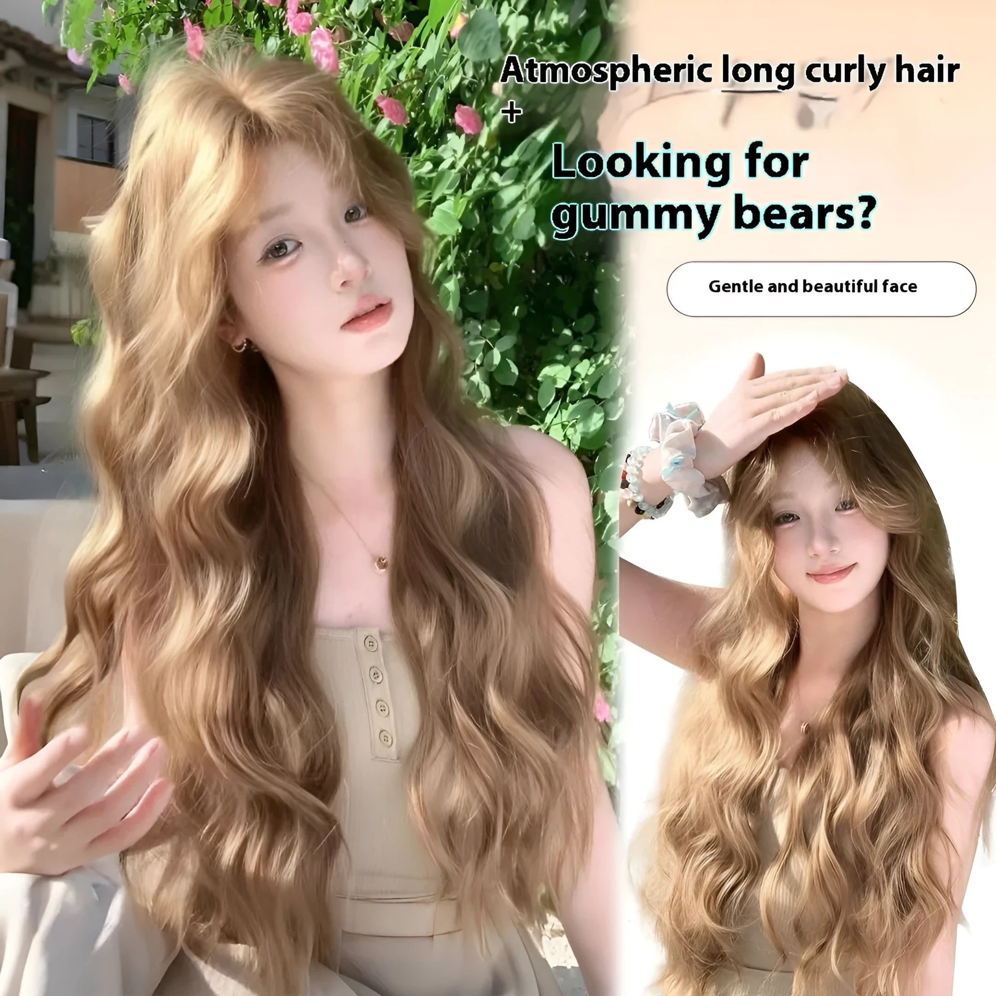 A brown curly synthetic wig with a linen hue and medium length on a wig stand.