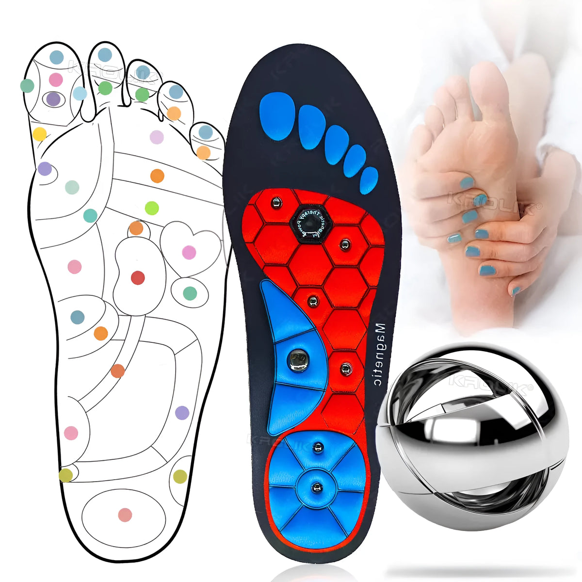 Black magnetic EVA insoles with gel massage nodes on a neutral background