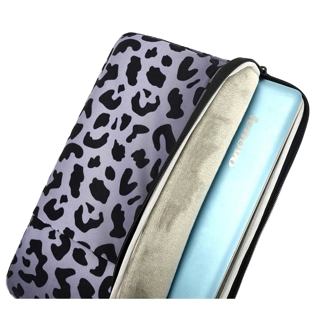 Leopard print laptop sleeve with flannel interior for 13-inch and 15.6-inch laptops