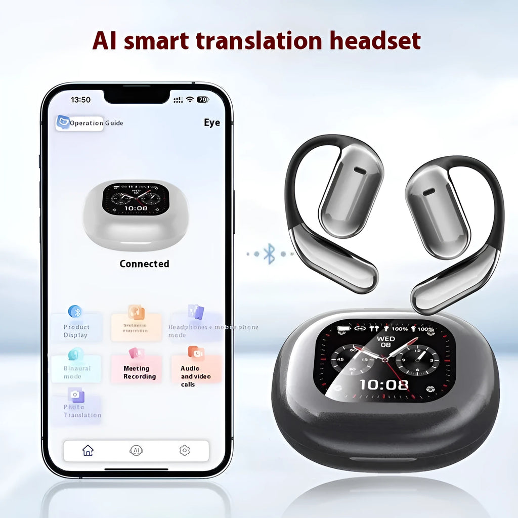 YYK-Q16PRO Gray ear-mounted Bluetooth headset with LCD colour screen and ear hook design