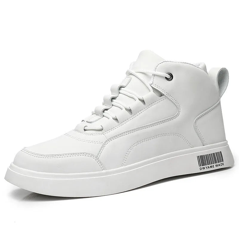 Men's white mid-top casual shoes with flat rubber sole and front lace-up design.