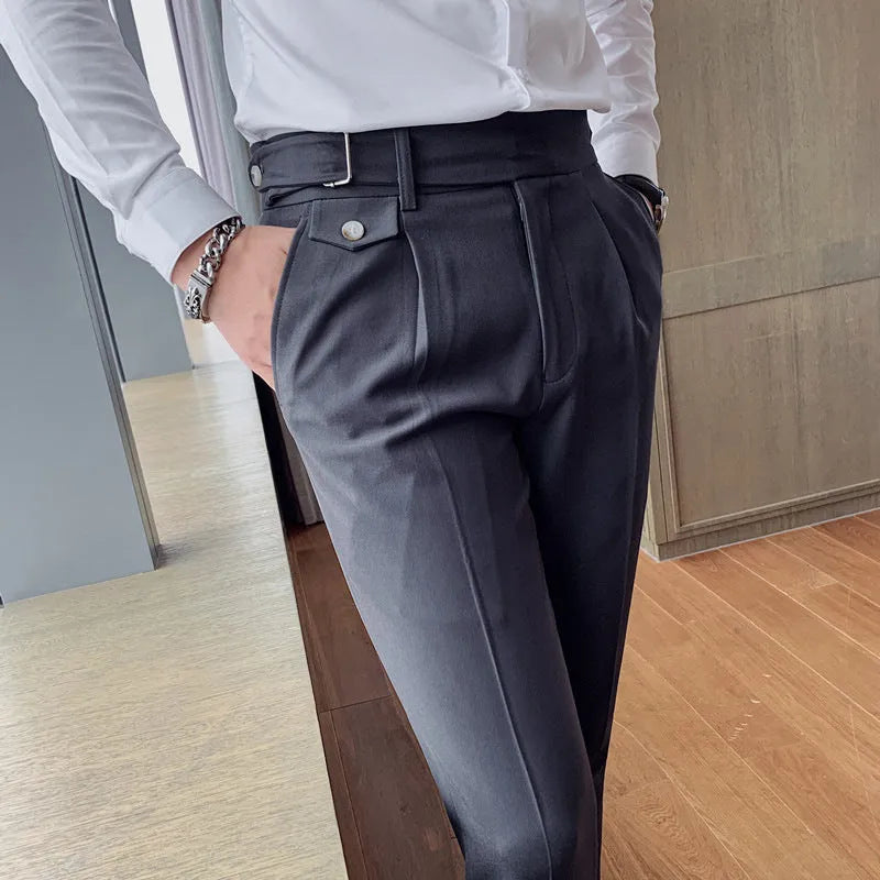 A pair of straight-leg casual trousers in a solid colour, laid flat to show the fit.