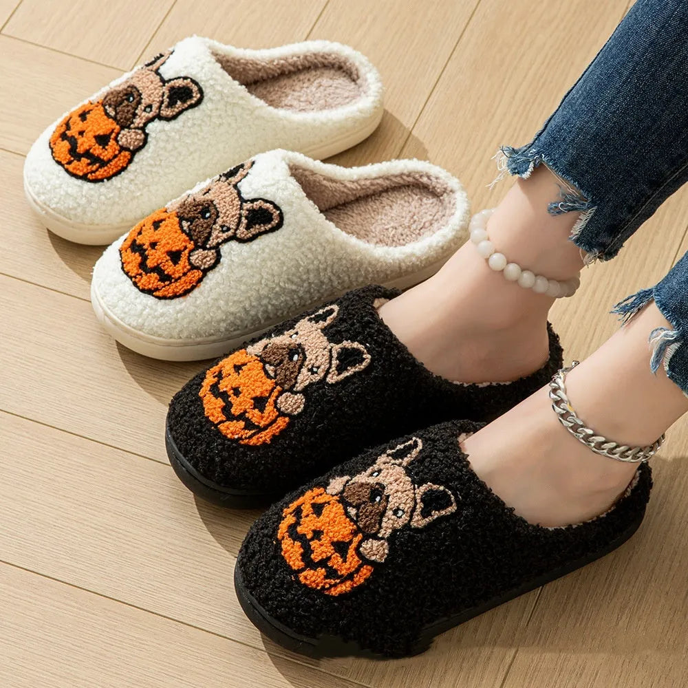 Black and white Halloween slippers with pumpkin pattern, plush upper and TPR sole