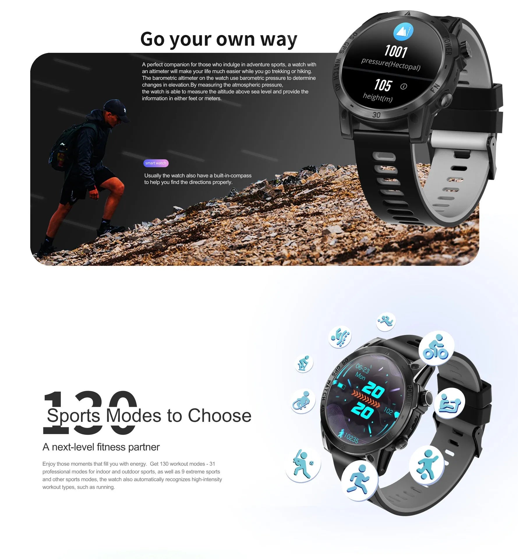 GPS outdoor sports watch black 1.43in AMOLED screen with step counting and heart rate monitoring