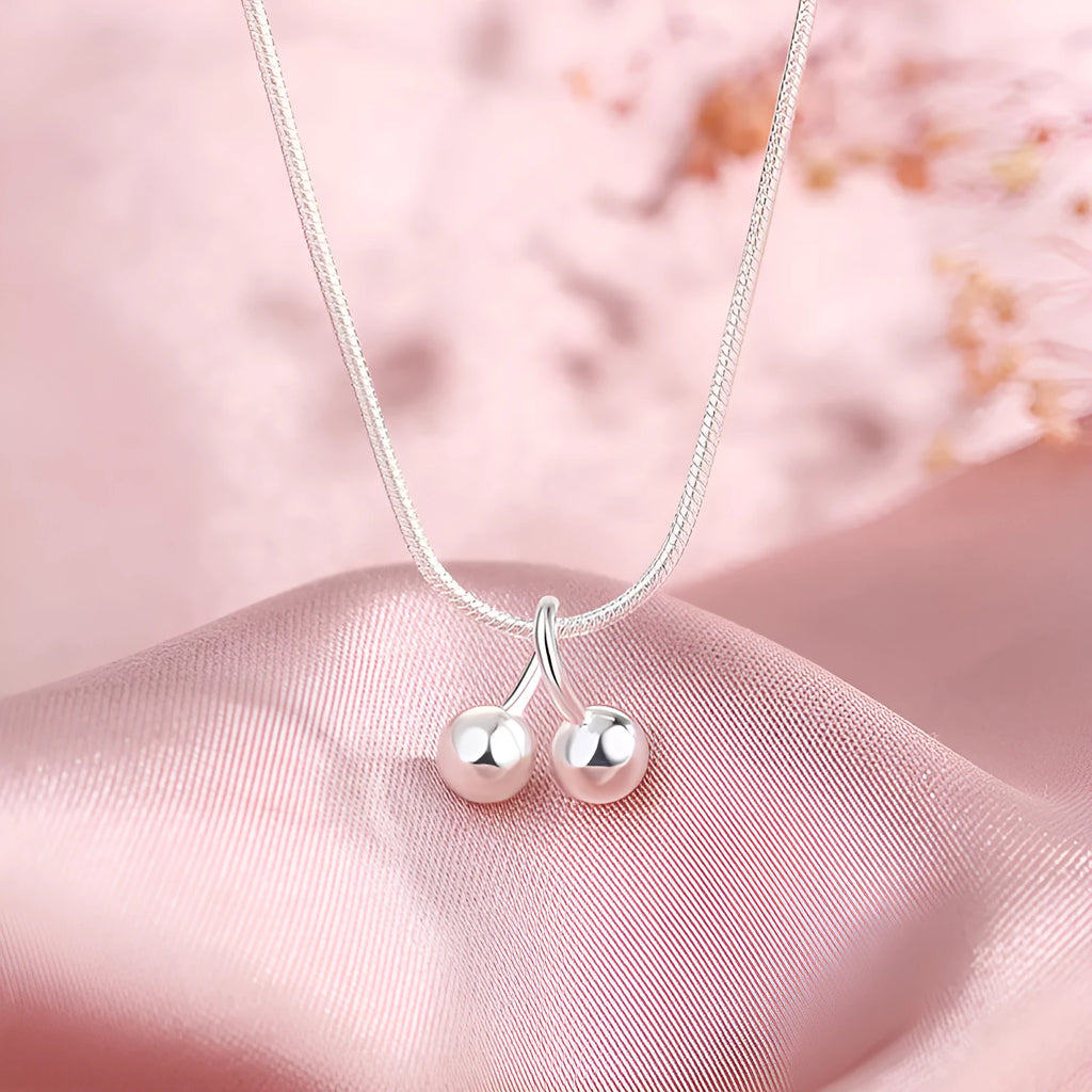 Silver cherry necklace with 925 standard silver pendant and adjustable snake bones chain