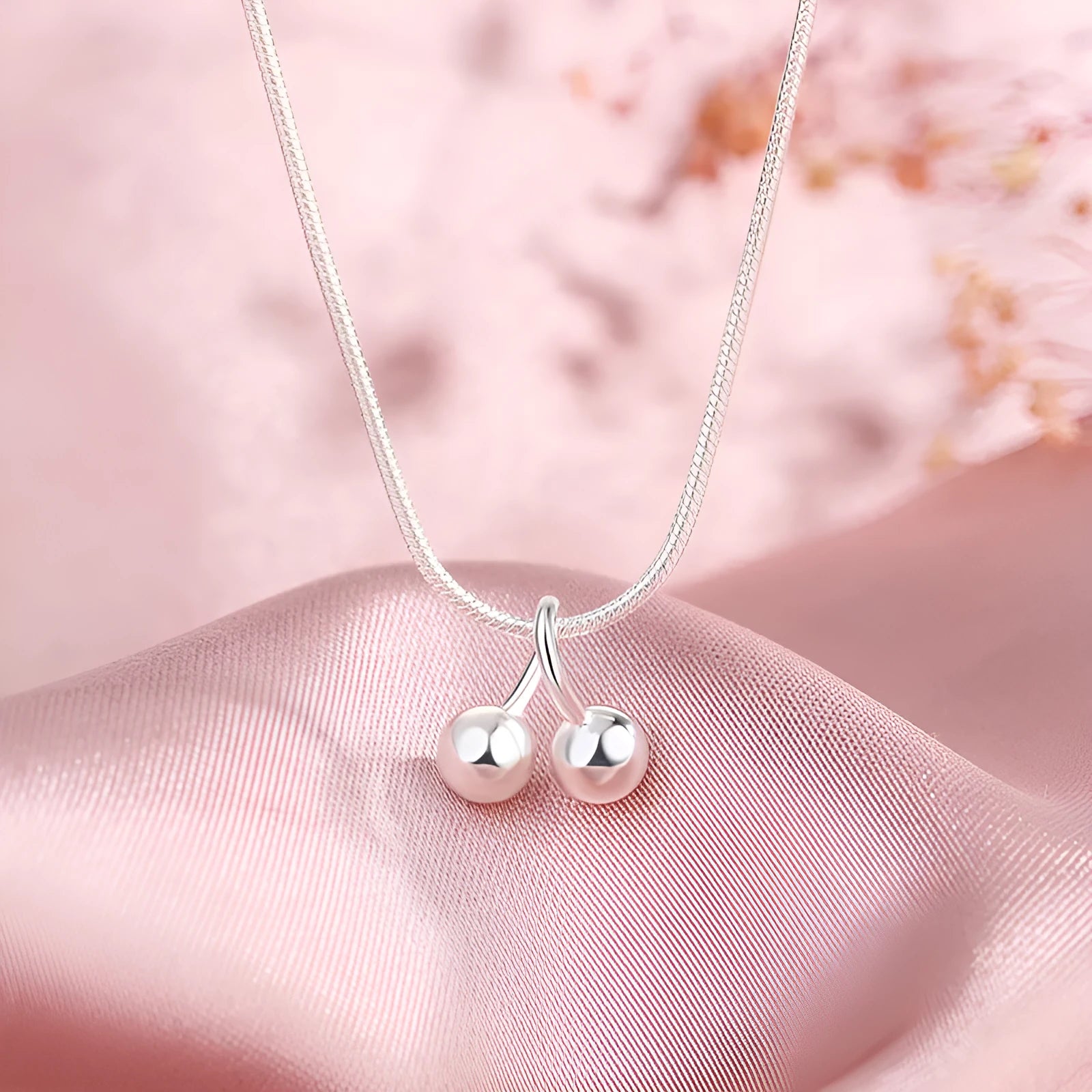 Silver cherry necklace with 925 standard silver pendant and adjustable snake bones chain