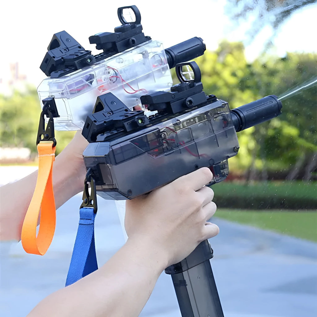 Uzi-style electric water gun toy with transparent blue plastic body and accessories