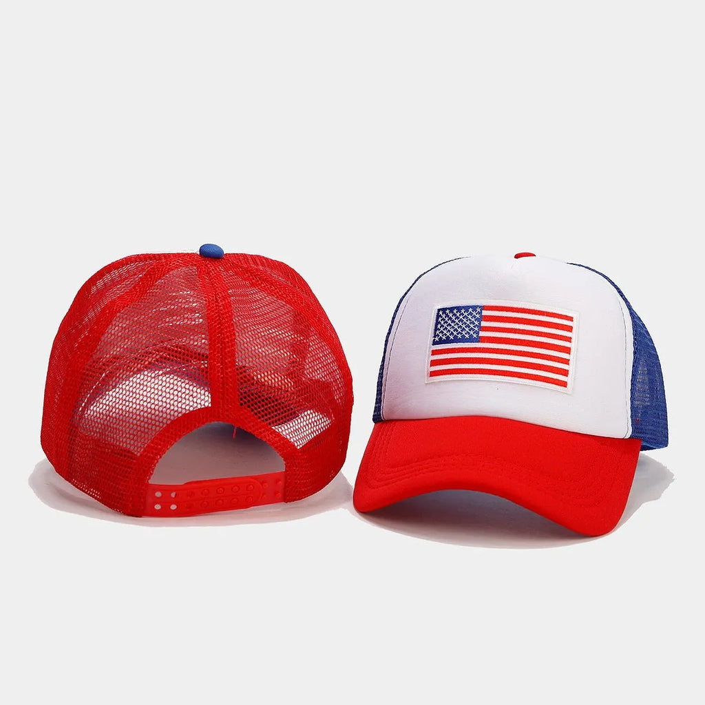 Red and blue colour block mesh baseball cap with adjustable strap on a dome crown.