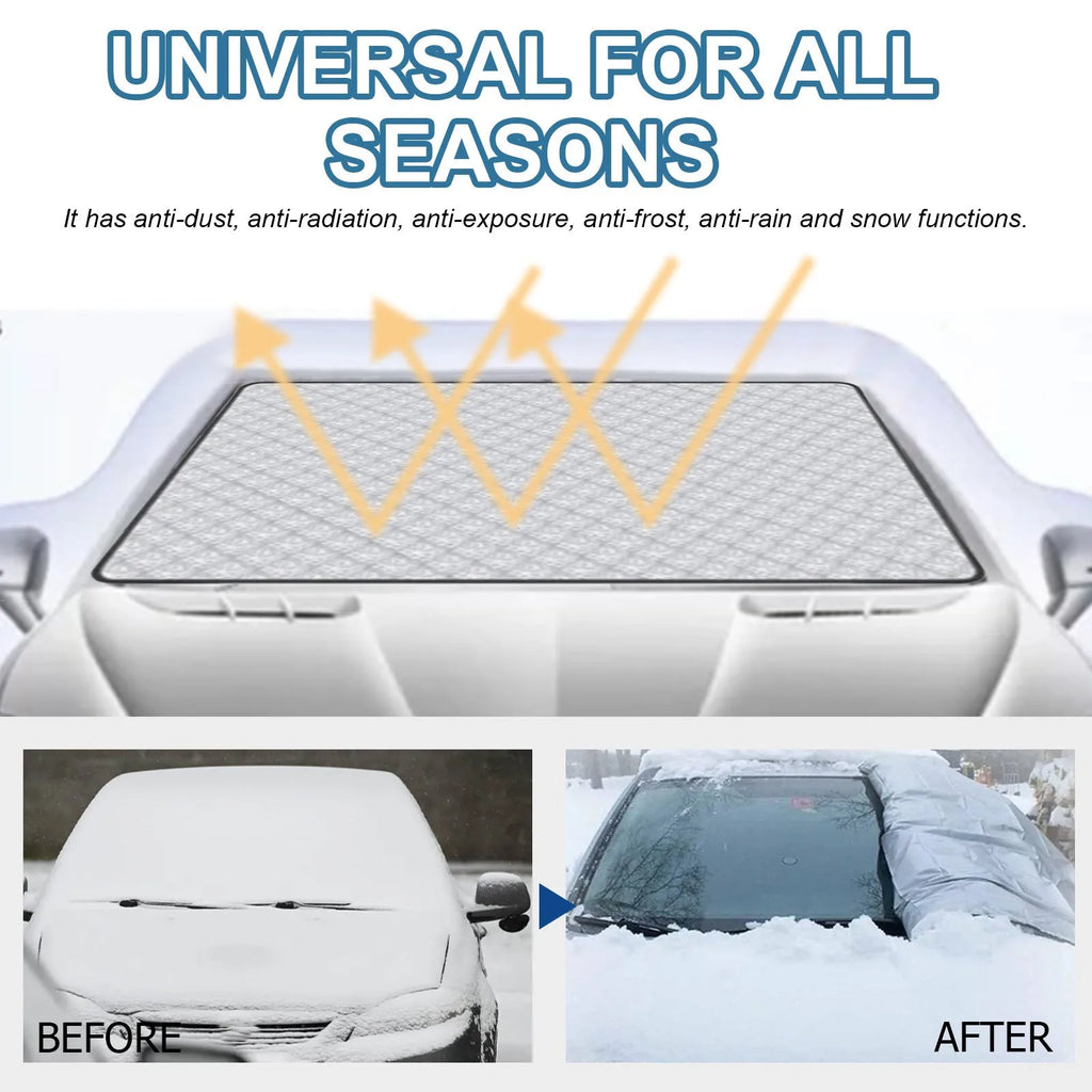 Car windscreen frost cover made of silver aluminium film and nylon fabric, laid flat showing its rectangular 140cm x 95cm size.