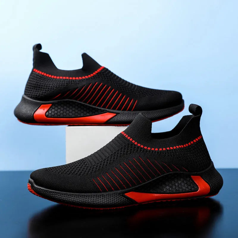 Men's striped mesh sock shoes with Flyknit upper and front lace-up closure in black, black white, or white colours