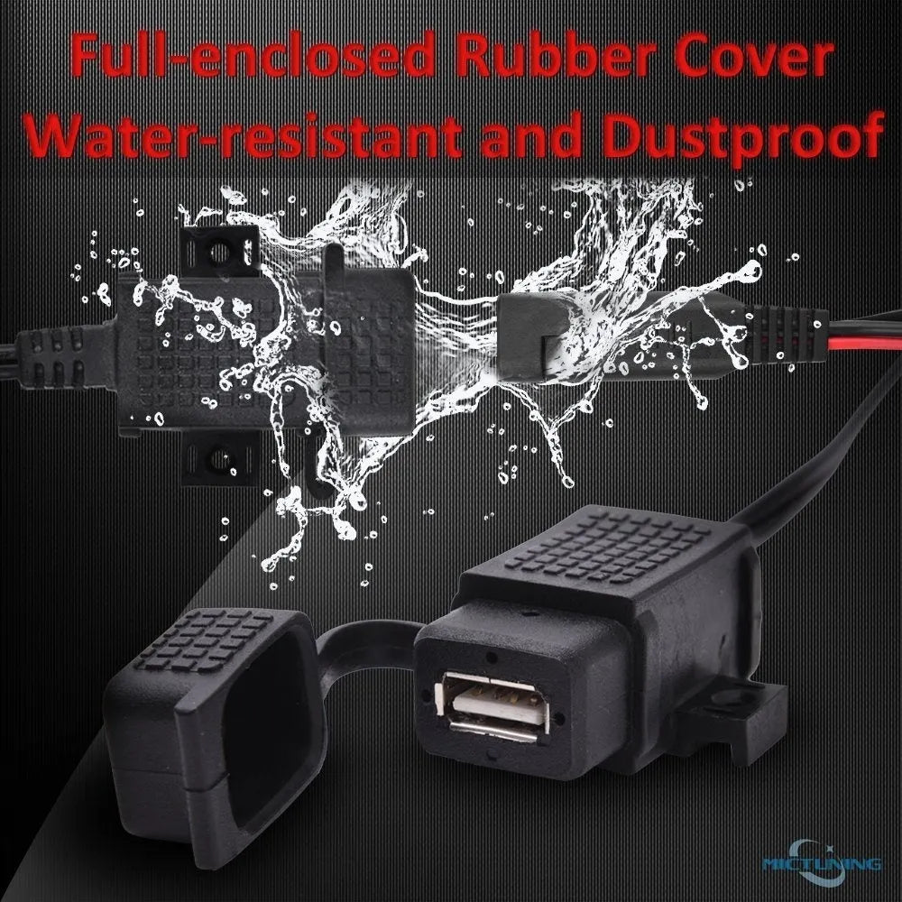 USB SAE adapter for motorcycle phone and GPS charging, black ABS housing with copper contacts