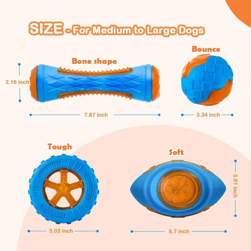 Set of three TPR dog toys: a squeaky tyre, barbell and ball for floating fetch play.
