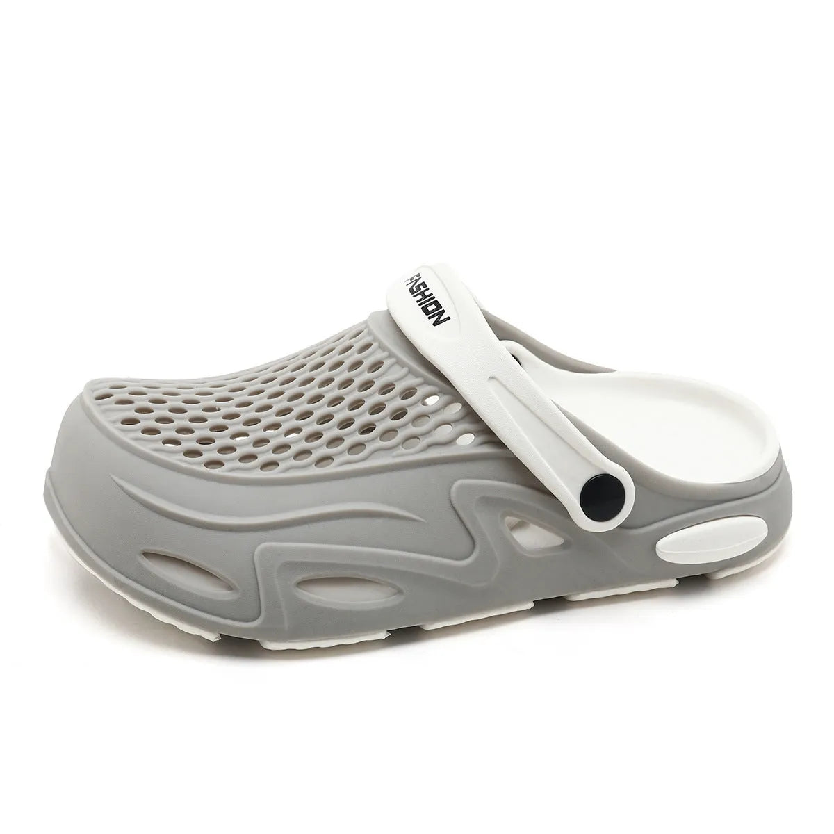Men's grey closed toe beach slippers with non-slip sole and round toe design