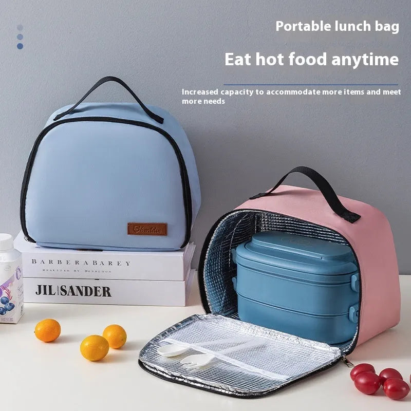 Large capacity insulated lunch box bag in textured cloth material with bento box