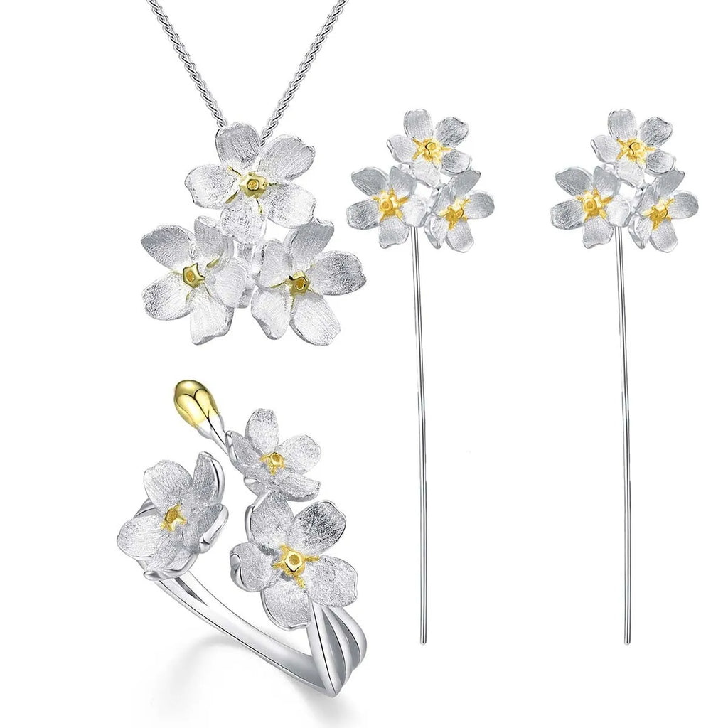 Myosotis Sylvatica sterling silver flower pendant in pastoral style with three finish options