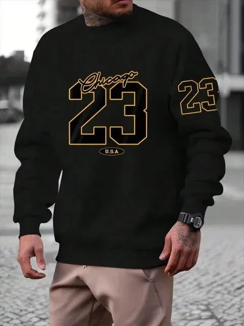 Men's art letter design fleece sweatshirt pullover in black, front view