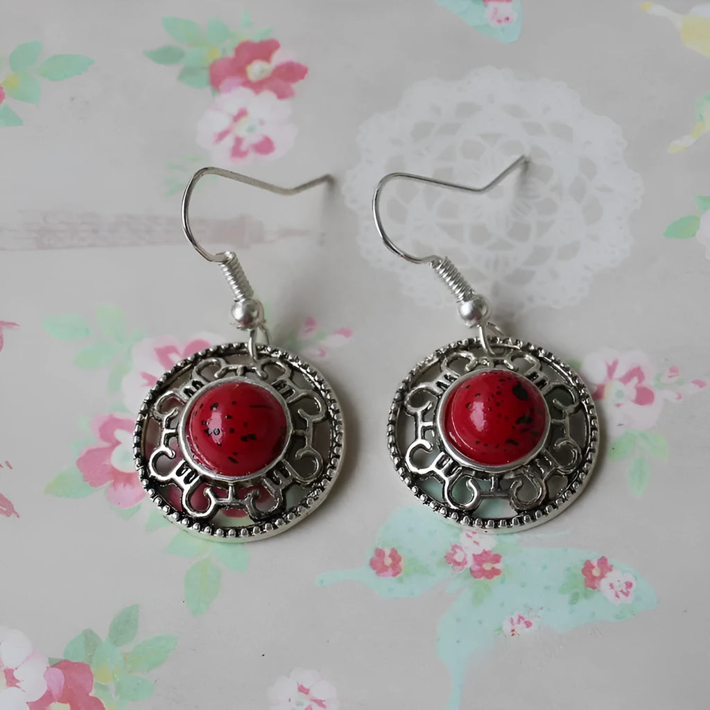 Miao silver retro turquoise flower disk earrings with geometric design in red, blue, and black colours