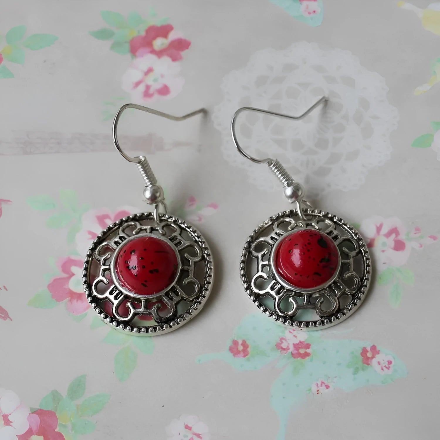 Miao silver retro turquoise flower disk earrings with geometric design in red, blue, and black colours