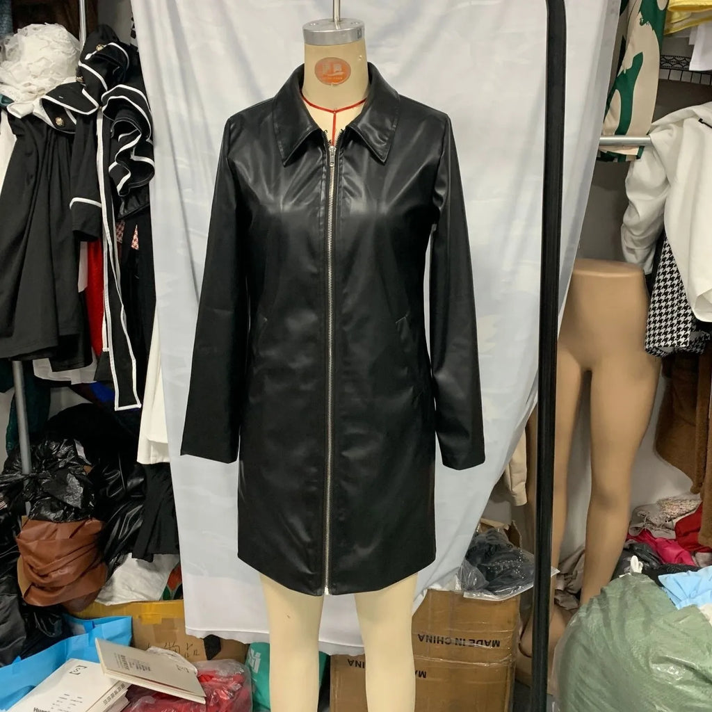 Women's black polyester leather jacket with medium length 65cm cut and long sleeves