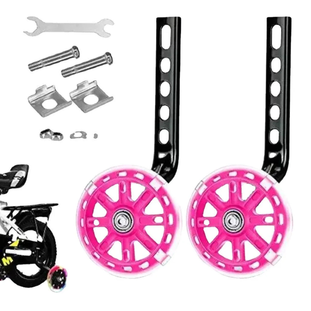 Set of children's bicycle training wheels with vertical brackets, available in multiple colours.