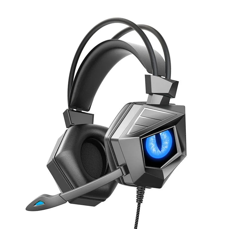 Wired gaming headset with LED night light, 3.5mm plug, 40mm horn, and 2m braided cable in black and blue