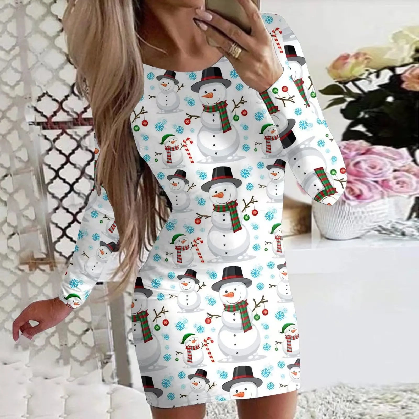 Christmas printed dress with animal pattern design showing narrow fit and hip skirt styling