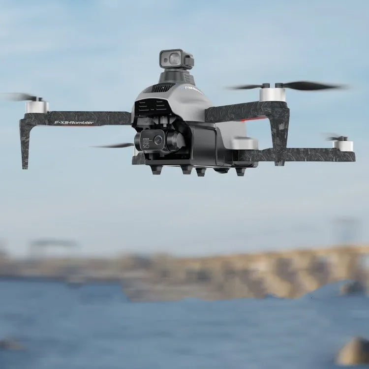 White folding quadcopter drone with camera and obstacle avoidance sensors, shown with remote control and carry bag.