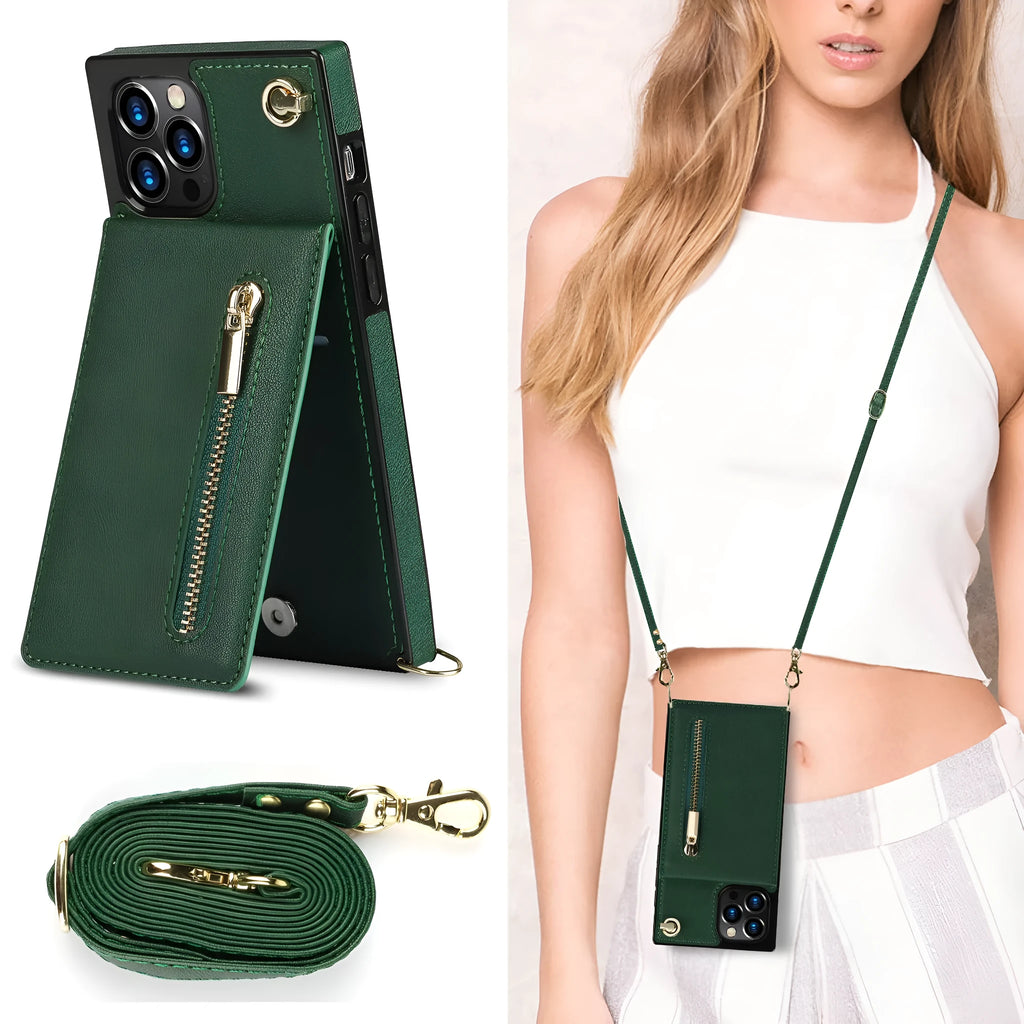 Genuine leather mobile phone case for Samsung and iPhone models in black, green, purple, red, and rose gold colours.