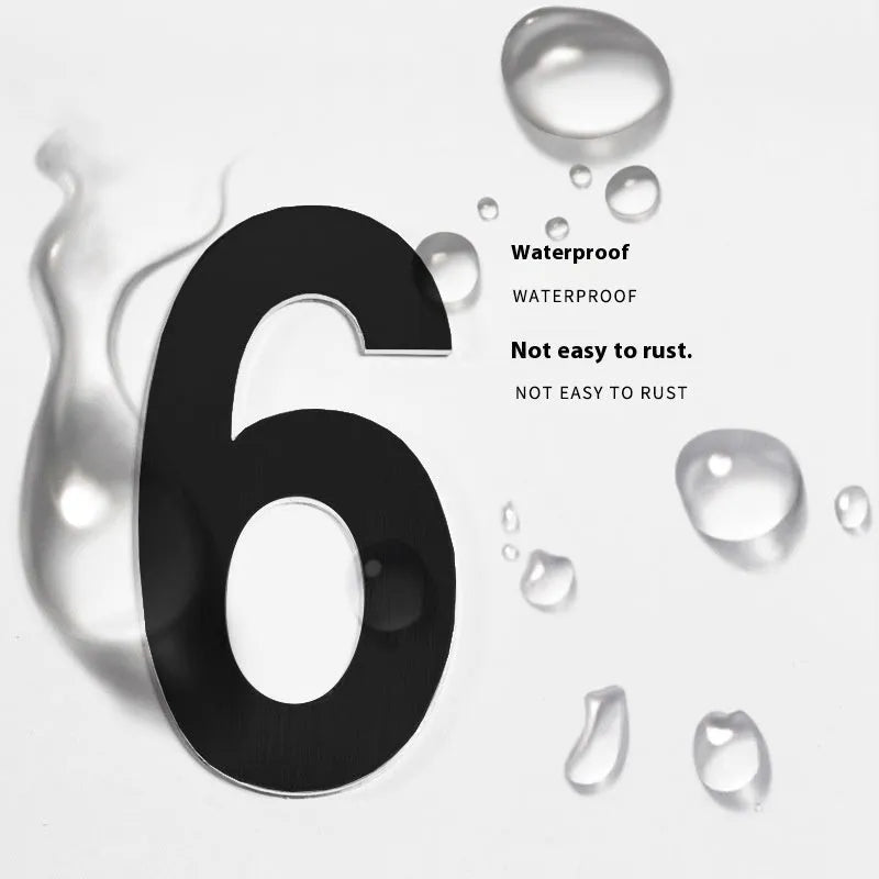 Black stainless steel sticky house numbers and letters set showing characters A, B, C, 1, 2, 3, each 7.5cm tall.