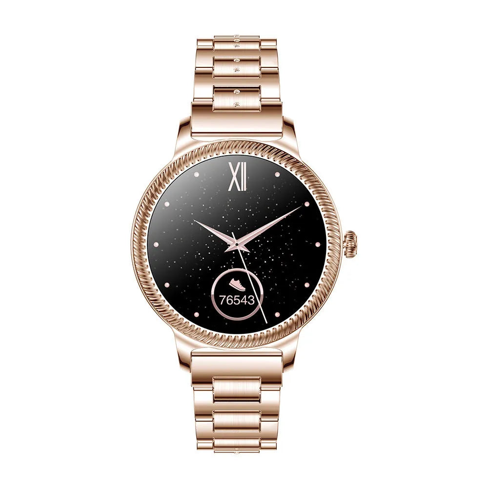 AK38 ladies smart watch with stainless steel Milanese mesh band and colour screen displaying time.