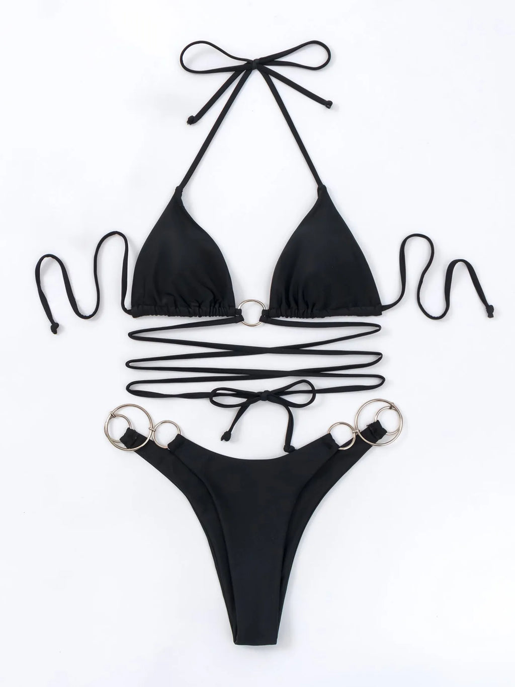 Black women's bikini swimsuit set with metal ring straps and backless design