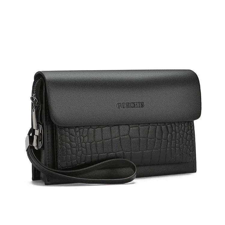 Men's black PU leather casual clutch with multiple card slots and plaid pattern