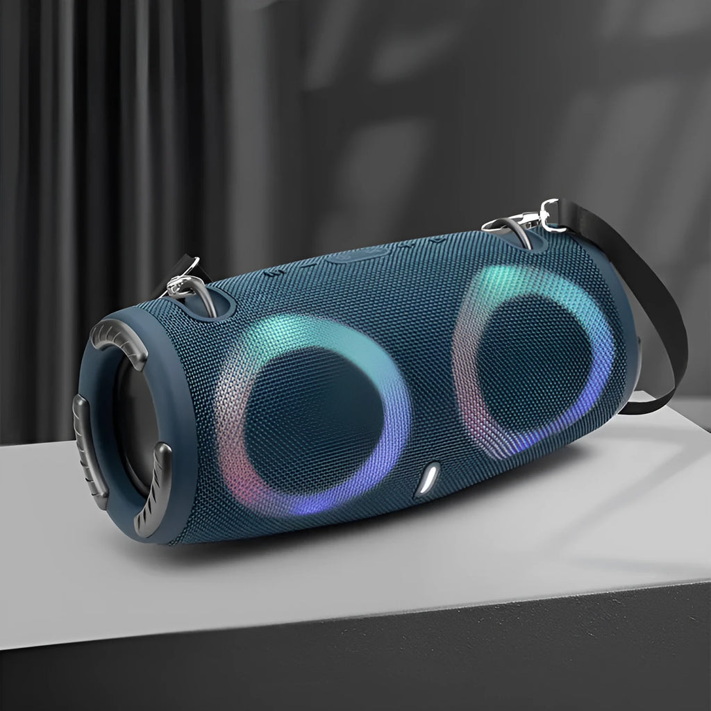 War Drum portable Bluetooth speaker with RGB lights in black, blue, red, silver grey, or camouflage colour