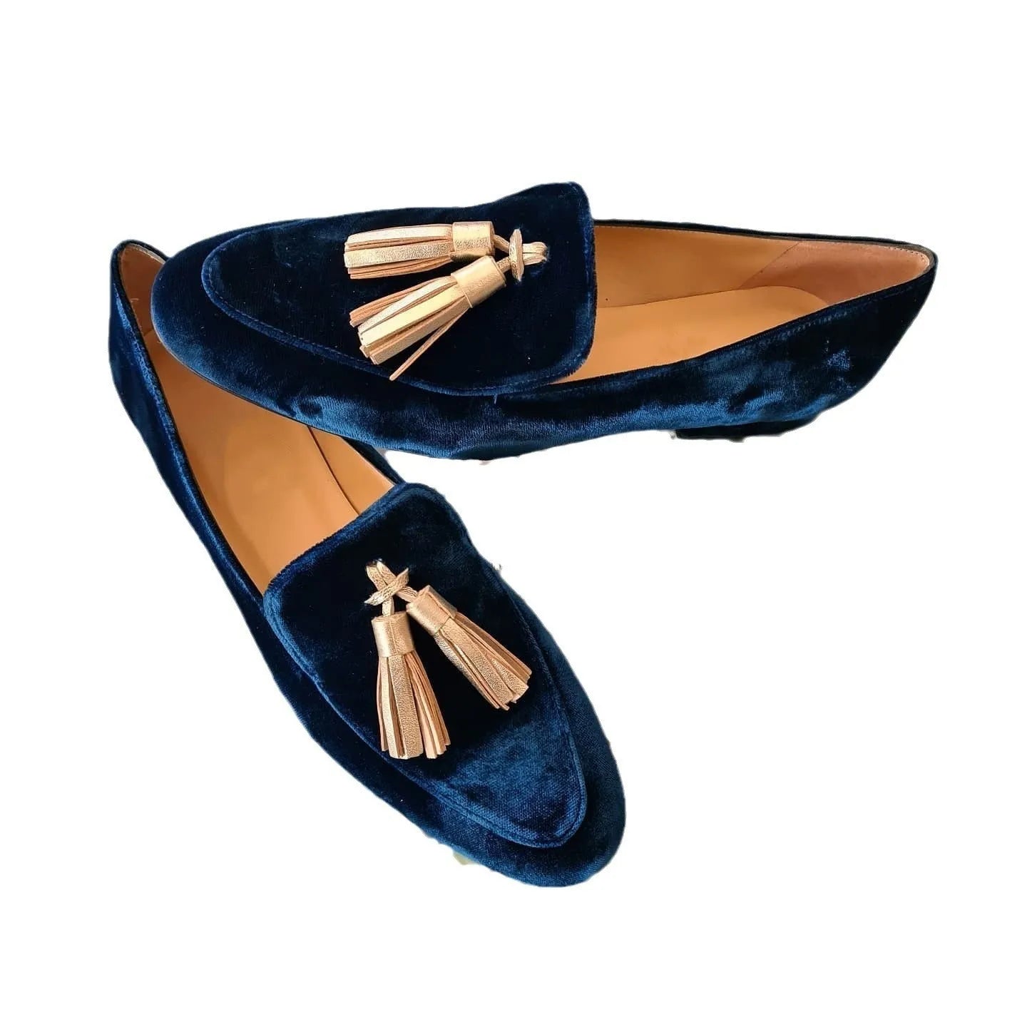 Low-cut tassel flat pumps for women in suede with shallow mouth, blue colour, size 34-43