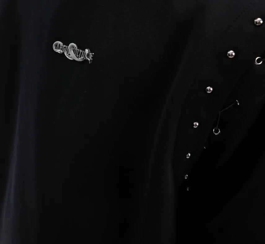 Black short sleeve T-shirt with a lace-up cutout design detail on the front.