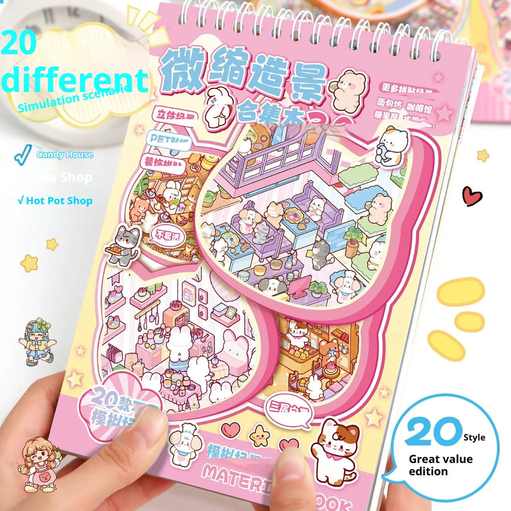 Yilan landscape sticker miniature scene book with 20 animal shop scene pieces for 3D collage assembly